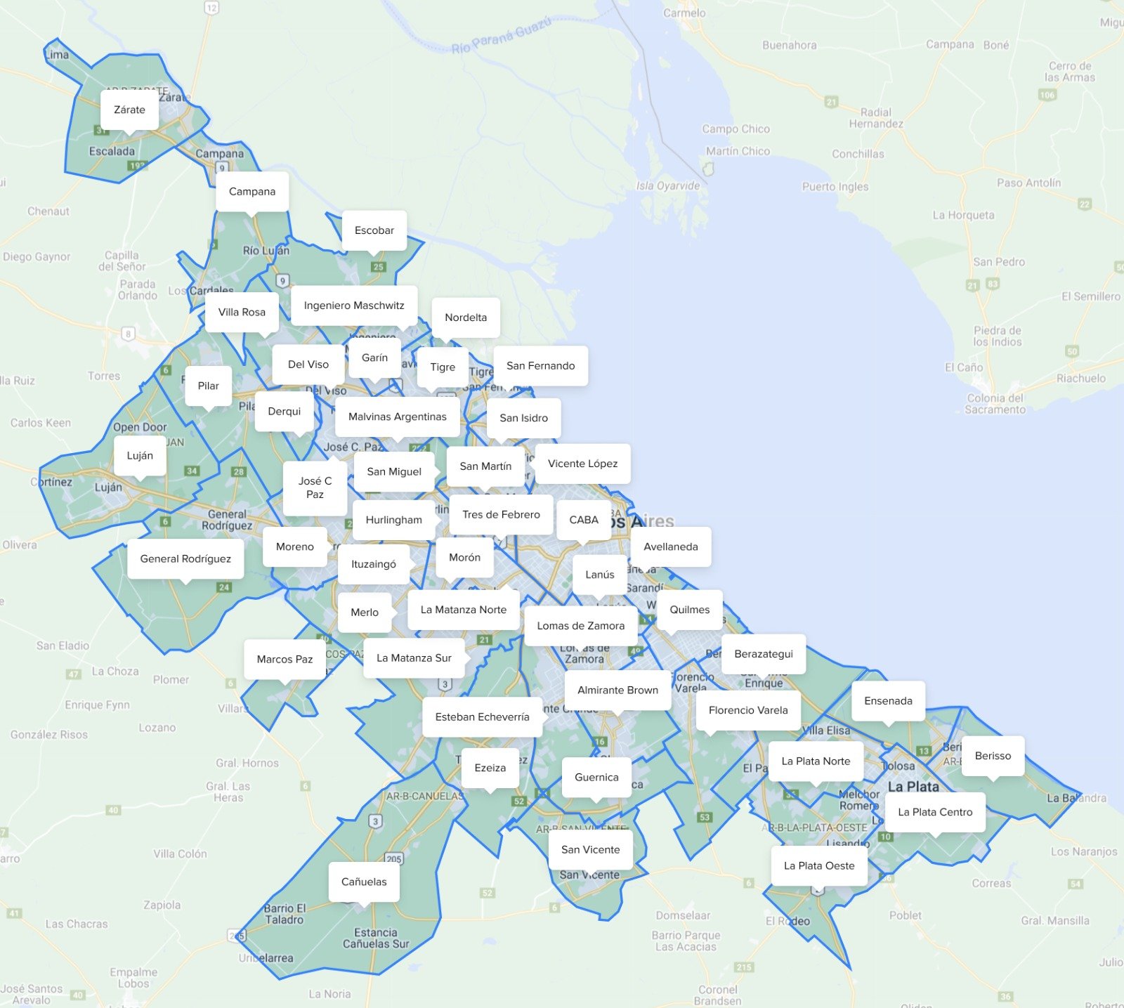 Mapa de cobertura de MotoFlex en Buenos Aires